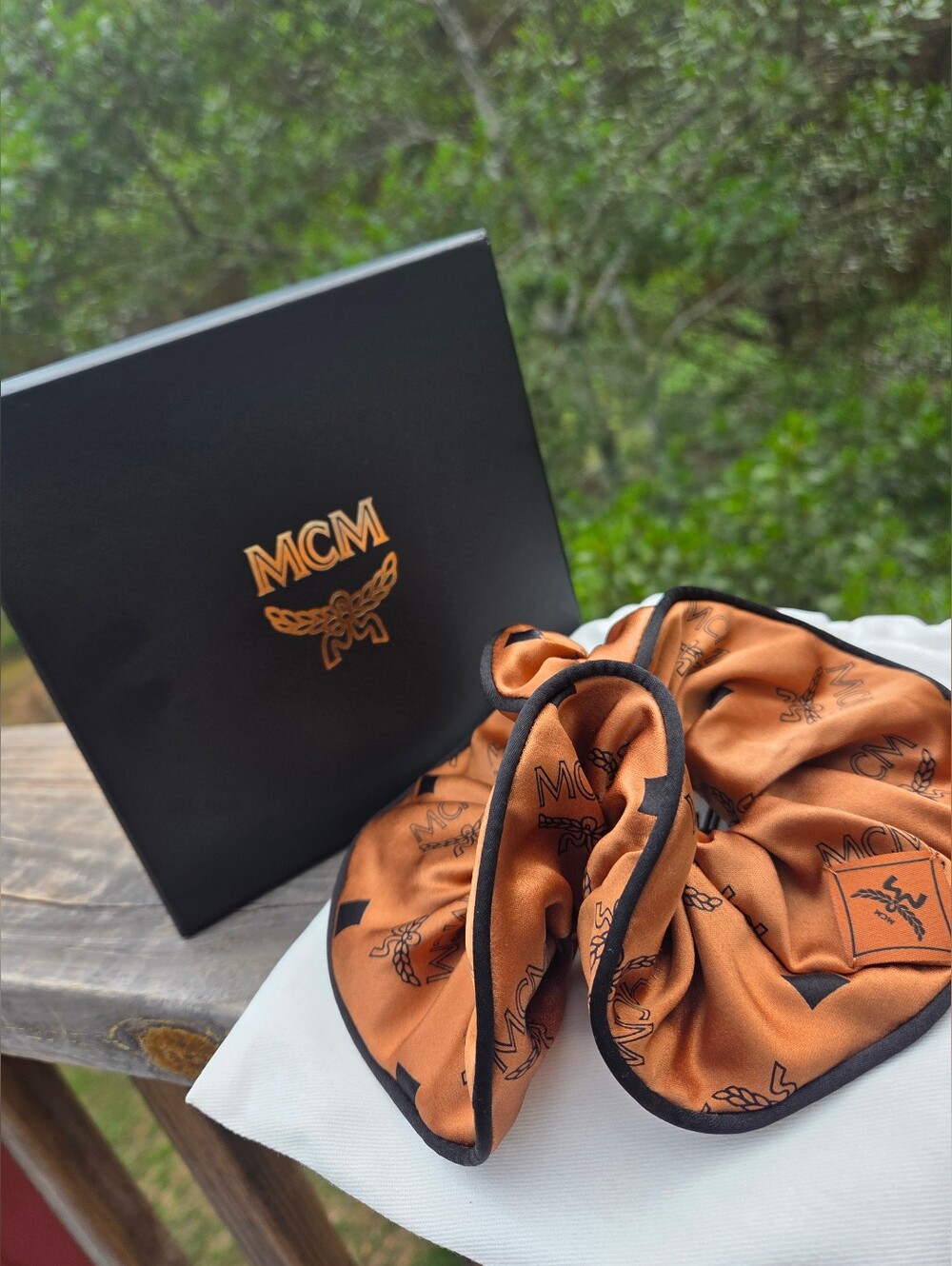 New MCM Logo Print Satin Scrunchie in Cognac - Picture 2 of 3